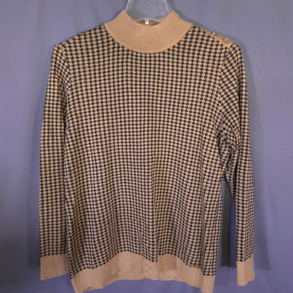 Calvin Klein Houndstooth Mock Neck Sweater Size Large Camel Black Gold Buttons‎ - Picture 1 of 9
